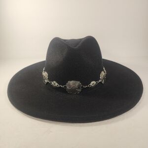 Altar'd State Round Black Fedora With Silver Chain 100% Wool RN # 13826
